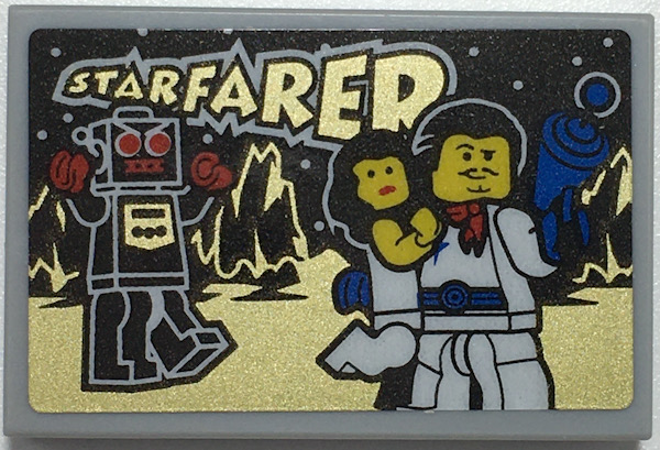 Tile 2 x 3 with Gold 'STARFARER' and Rocky Terrain, Robot, Woman, and White Fritz Donnegan Minifigure with Blue Ray Gun Pattern (Sticker) - Set 70657