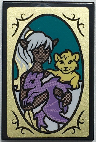 Tile 2 x 3 with Female Elf, Baby Dragon and Lion Cub Picture in Gold Oval Frame Pattern (Sticker) - Set 41196