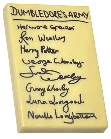 Tile 2 x 3 with Black 'DUMBLEDORE'S ARMY' and List of Harry Potter Characters Pattern