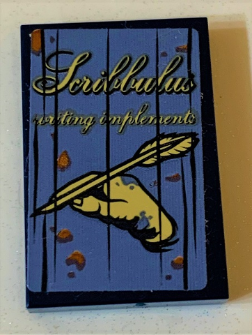 Tile 2 x 3 with Script 'Scribbulus writing implements' and Hand with Quill on Sand Blue Background Pattern (Sticker) - Set 75978