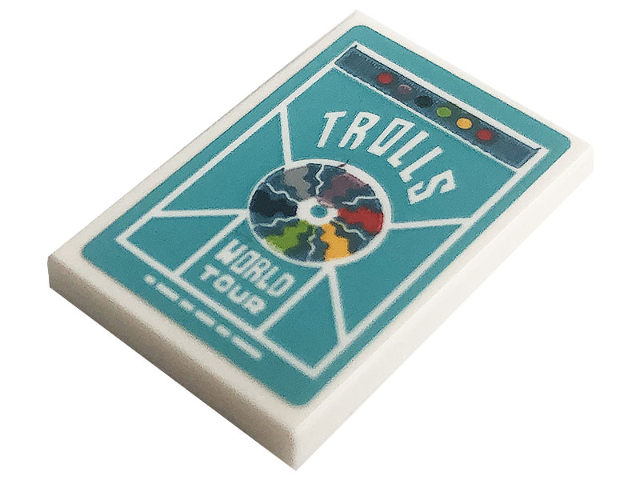 Tile 2 x 3 with White 'TROLLS', 'WORLD TOUR' and Compact Disc Pattern (Sticker) - Set 41256