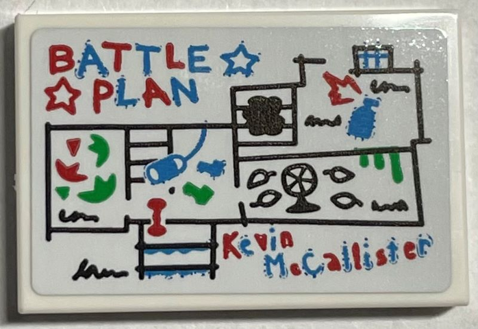 Tile 2 x 3 with Red and Dark Azure 'BATTLE PLAN' and 'Kevin McCallister' with Crayon House Diagram Pattern (Sticker) - Set 21330