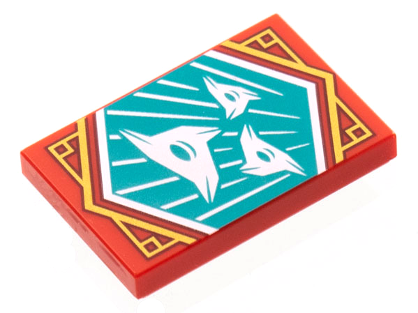 Tile 2 x 3 with White 3-Pointed Shuriken Throwing Stars on Dark Turquoise Background with Gold Trim Pattern (Ninjago Surprise Banner)