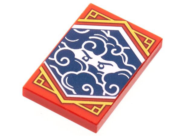 Tile 2 x 3 with White Stern Eyes and Clouds on Dark Blue Background with Gold Trim Pattern (Ninjago Stealth Banner)