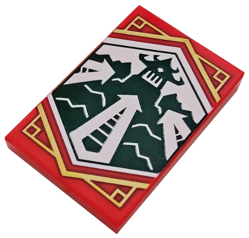 Tile 2 x 3 with White Arrows Pointing at Dojo Temple on Dark Green Background with Gold Trim Pattern (Ninjago Adaptability Banner)