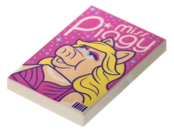 Tile 2 x 3 with Miss Piggy Poster, Metallic Light Blue Stars on Dark Pink Background, Barcode in Corner Pattern