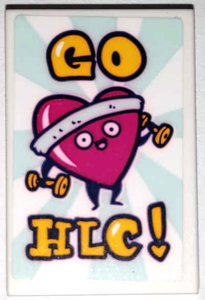 Tile 2 x 3 with Yellow 'GO HLC!' and Magenta Heart Lifting Weights Pattern (Sticker) - Set 41338