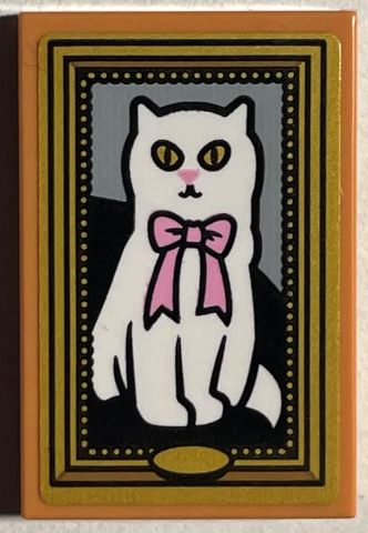 Tile 2 x 3 with Picture of White Cat with Bright Pink Bow in Gold Frame Pattern (Sticker) - Set 76403