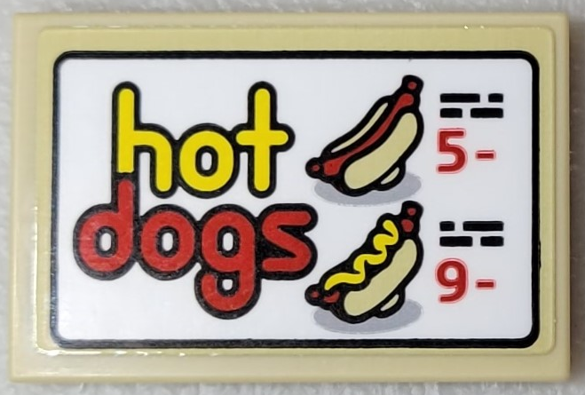 Tile 2 x 3 with Red and Yellow 'hot dogs', '5-' and '9-' Pattern (Sticker) - Set 10303