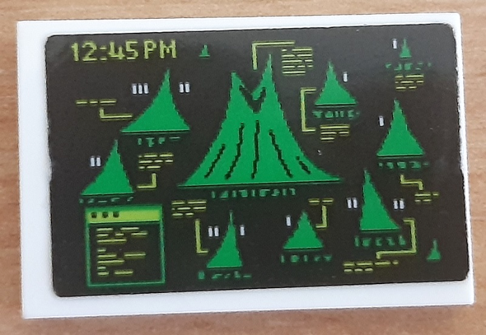 Tile 2 x 3 with Black Screen with Bright Green Volcanoes, Lime '12:45PM' and Lines Pattern (Sticker) - Set 70631