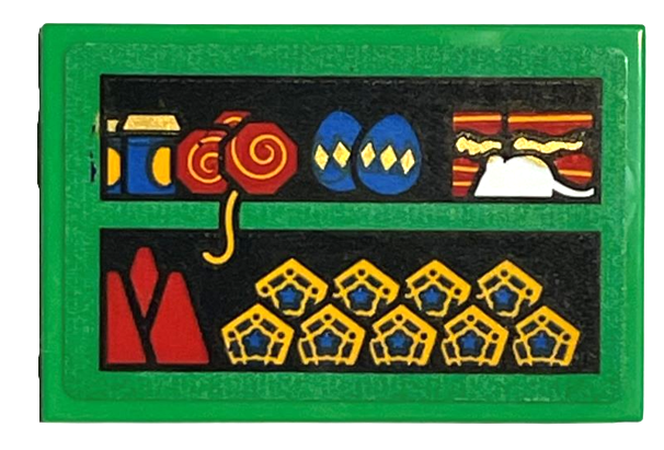 Tile 2 x 3 with Bright Green Shelf with Chocolate Frogs, Blue and Gold Eggs, White Rat, Red Cones, and Sweet Treats Pattern (Sticker) - Set 76405