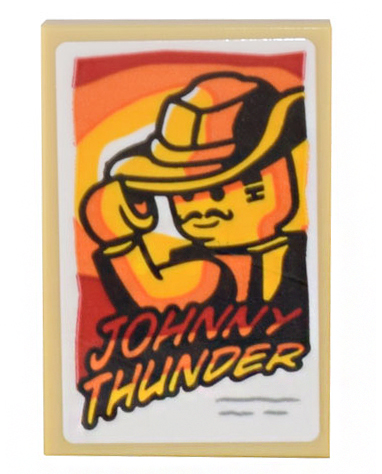 Tile 2 x 3 with Red, Orange and Yellow Movie Poster Minifigure Tipping Hat and 'JOHNNY THUNDER' Pattern (Sticker) - Set 10306
