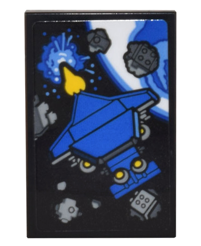 Tile 2 x 3 with Poster Blue and Yellow Spaceship Galaxy Explorer, Planet, and Dark Bluish Gray Asteroids Pattern (Sticker) - Set 10306