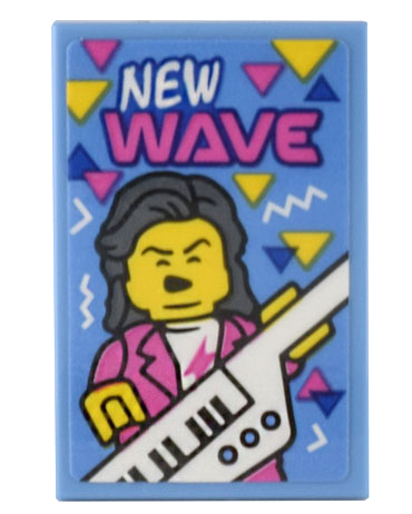 Tile 2 x 3 with Poster 80s Musician Keytar Player, Dark Pink, Yellow and Dark Blue Triangles and 'NEW WAVE' Pattern (Sticker) - Set 10306