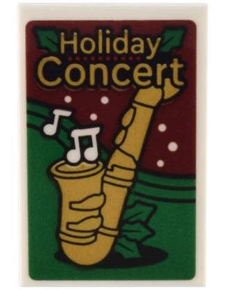 Tile 2 x 3 with Gold Saxophone and 'Holiday Concert' and White Music Notes on Dark Red and Green Background Pattern (Sticker) - Set 10308