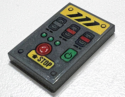 Tile 2 x 3 with Red Emergency 'STOP' Button, Black Danger Stripes, Green Lights and Power Switch Pattern (Sticker) - Set 42097