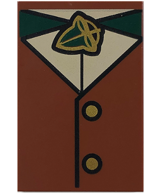 Tile 2 x 3 with Tan Shirt, Dark Green Leaf Brooch and 2 Gold Coat Buttons Pattern (BrickHeadz Frodo Torso)