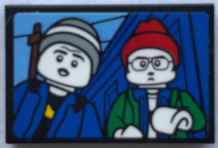 Tile 2 x 3 with 2 Minifigures with Light Bluish Gray and Red Hats, Blue and Green Jackets Pattern (Sticker) - Set 21336