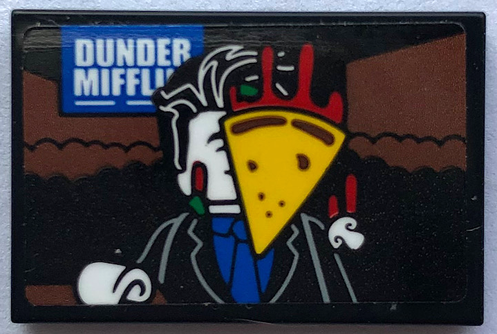 Tile 2 x 3 with Pizza Slice on Screen with Minifigure and 'DUNDER MIFFLIN' Pattern (Sticker) - Set 21336