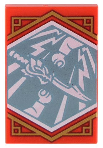 Tile 2 x 3 with White Dragon Sword and Minifigure Arms on Metallic Light Blue Background with Gold Trim Pattern (Ninjago Generosity Banner)