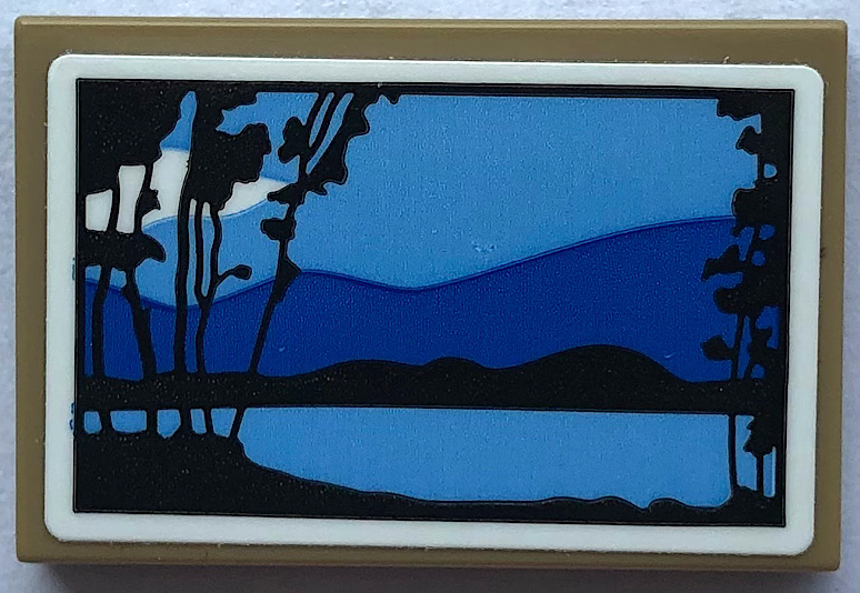 Tile 2 x 3 with Picture of Blue and Medium Blue Hills, Lake and Trees with Black Border Pattern (Sticker) - Set 21336
