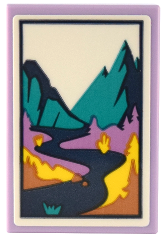 Tile 2 x 3 with Picture of Medium Lavender and Yellow Landscape with Dark Turquoise Mountains and Dark Blue River Pattern (Sticker) - Set 41732