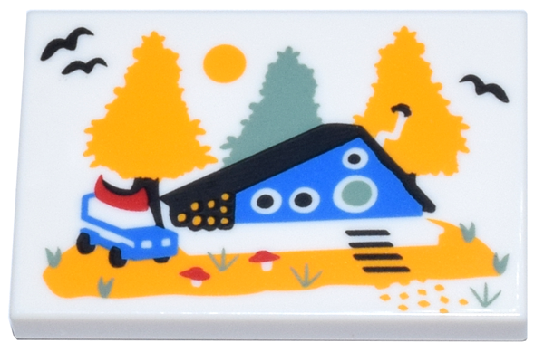 Tile 2 x 3 with Blue Cabin with Round Door and Windows, Bright Light Orange and Sand Green Trees Pattern