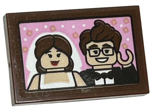 Tile 2 x 3 with Wedding Picture of Bride and Groom Minifigures on Bright Pink Background Pattern (Sticker) - Set 43217