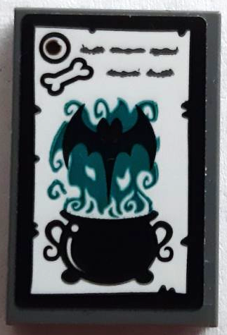 Tile 2 x 3 with Black Cauldron, Eye, Bone and Bat and Dark Turquoise Flames Pattern (Sticker) - Set 41195