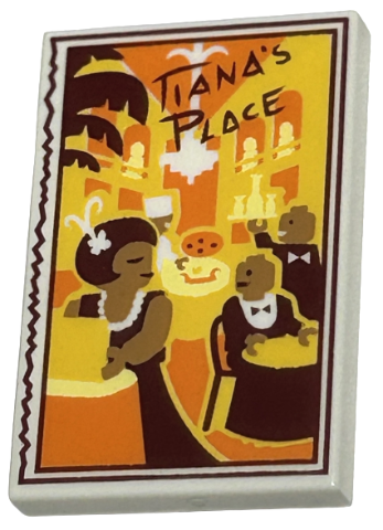 Tile 2 x 3 with Dark Red 'TIANA'S PLACE', Palm Tree, Table with Minifigures Dining, and Yellow and Orange Building Pattern