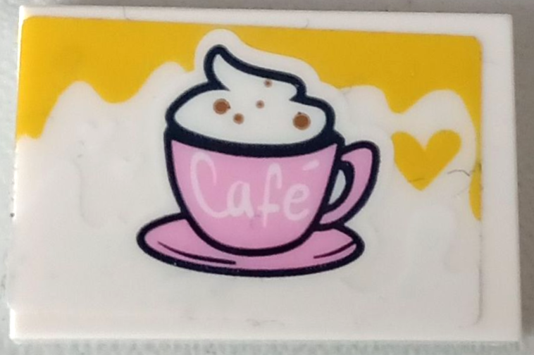 Tile 2 x 3 with Bright Pink Cup with Cream, 'Café' (Cafe) and Yellow Heart Pattern (Sticker) - Set 41426