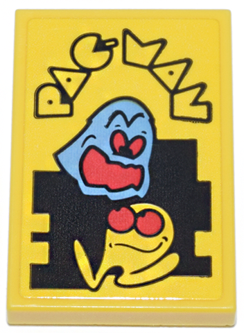 Tile 2 x 3 with Black Outline 'PAC-MAN' Logo and Yellow PAC-MAN and Medium Blue Ghost (Inky) Characters with Red Eyes and Open Mouth on Black Maze Pattern (Sticker) - Set 10323