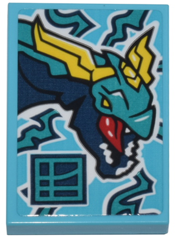 Tile 2 x 3 with Dark Turquoise and Dark Blue Lloyd's Dragon with Yellow Horns and Ninjago Logogram Letter L in Square Pattern (Sticker) - Set 71799
