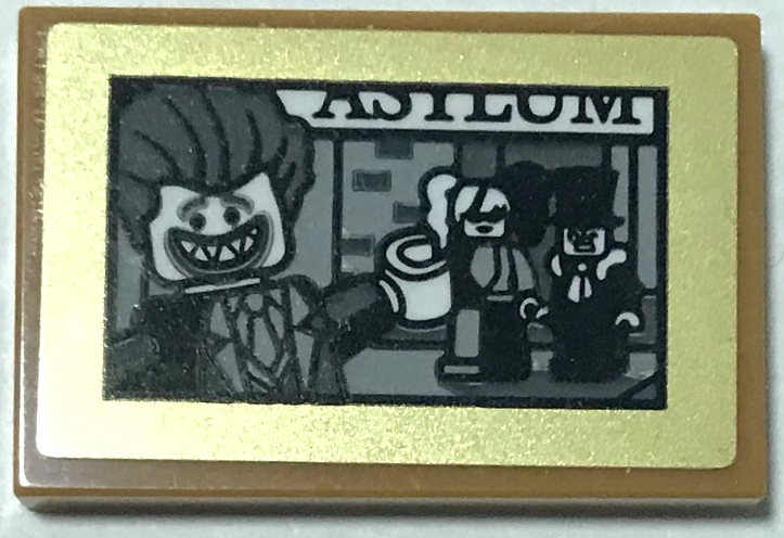 Tile 2 x 3 with Picture of The Joker, Harley Quinn and Penguin Minifigures and 'ASYLUM' in Gold Frame Pattern (Sticker) - Set 70922