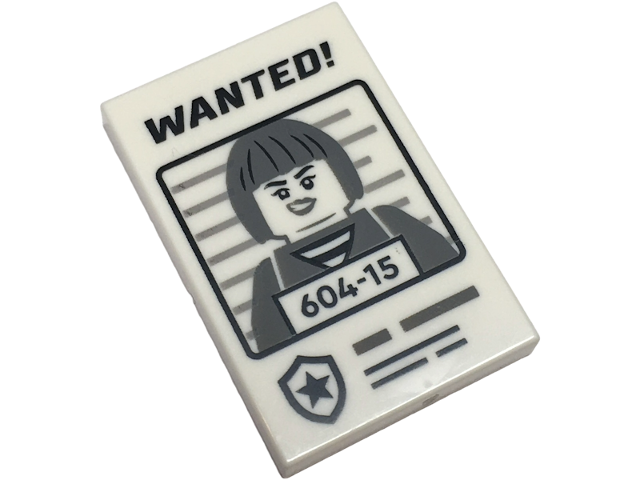 Tile 2 x 3 with Black 'WANTED!' and Dark Bluish Gray Minifigure with '604-15' Pattern