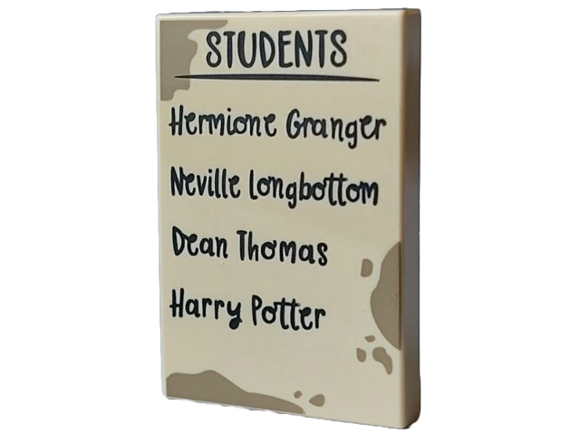 Tile 2 x 3 with Dark Tan Dirt Marks and Black 'STUDENTS' List with 'Hermione Granger', 'Neville Longbottom', 'Dean Thomas' and 'Harry Potter' Pattern