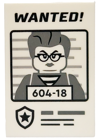 Tile 2 x 3 with Black 'WANTED!' and Dark Bluish Gray Minifigure with '604-18' Pattern