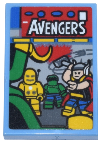 Tile 2 x 3 with Comic Book with Loki, Iron Man, Hulk, Thor, and White 'AVENGERS' Pattern (Sticker) - Set 76269