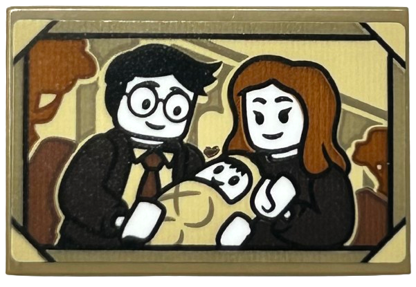 Tile 2 x 3 with James and Lily Potter with Baby Harry Minifigures Portrait, Dark Tan and Tan Frame Pattern (Sticker) - Set 76425