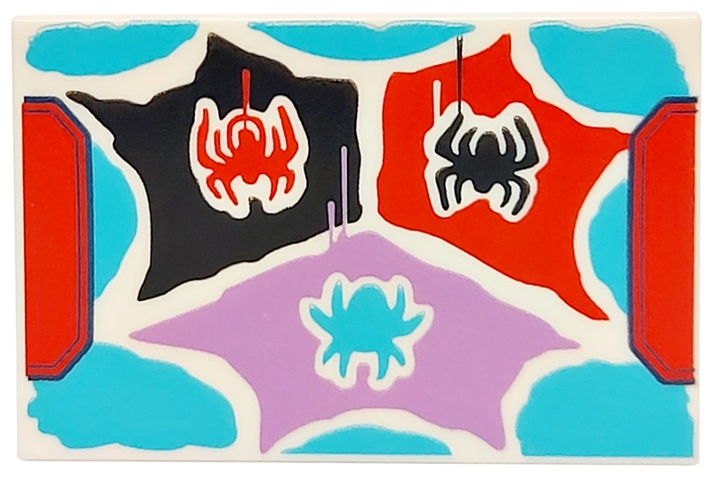 Tile 2 x 3 with Spiders on Black, Medium Azure, Medium Lavender and Red Spider Web Pattern