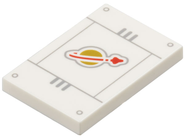 Tile 2 x 3 with Gold and Red Classic Space Logo on Panel with Light Bluish Gray Lines and Rivets Pattern