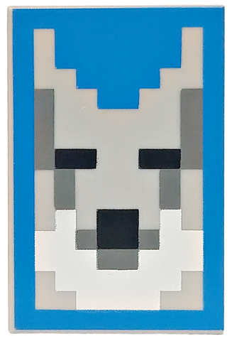 Tile 2 x 3 with Pixelated Wolf Head with Black Eyes and Nose, Dark Bluish Gray and White Fur on Blue Background Pattern (Minecraft Wolf Tamer Shield)