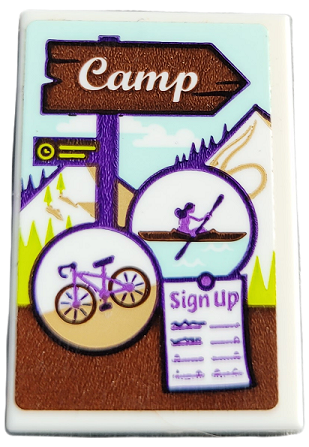 Tile 2 x 3 with Bicycle, Canoe, 'Sign Up' Poster and 'Camp' on Reddish Brown and Dark Purple Sign Pattern (Sticker) - Set 41679