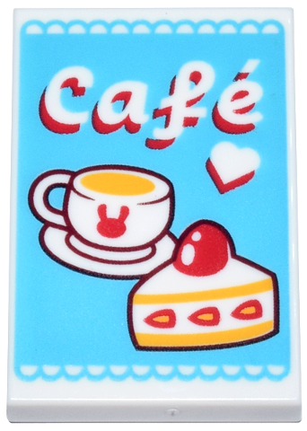 Tile 2 x 3 with Medium Azure Sign with Red, White and Yellow Coffee Cup, Cake, Heart and 'Café' (Cafe) Pattern