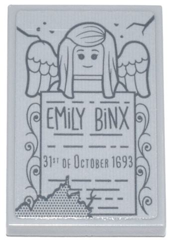 Tile 2 x 3 with Tombstone with Dark Bluish Gray 'EMiLY BiNX 31ST OF OCTOBER 1693' and Angel Minifigure with Wings Pattern (Sticker) - Set 21341