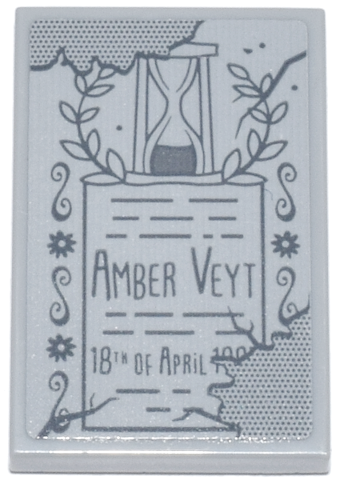 Tile 2 x 3 with Tombstone with Dark Bluish Gray 'AMBER VEYT 18TH OF APRIL' and Hourglass Pattern (Sticker) - Set 21341