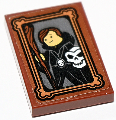 Tile 2 x 3 with Portrait of Sorcerer Minifigure in Black Cloak with Wooden Staff and White Skull Pattern (Sticker) - Set 71722