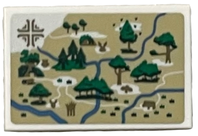 Tile 2 x 3 with Tan Map of The Hundred Acre Wood with River and Green Trees Pattern (Sticker) - Set 21326