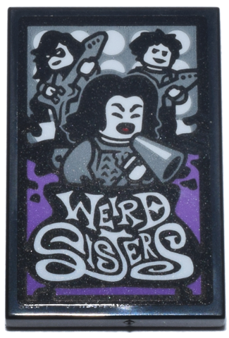 Tile 2 x 3 with Poster with Band, Silver Music Instruments and White Circles and 'WEIRD SISTERS' on Medium Lavender Background Pattern (Sticker) - Set 76437