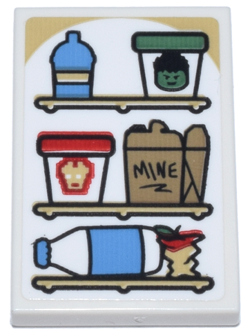 Tile 2 x 3 with Refrigerator Shelves, Bottles, Dark Tan Carton 'MINE' and Red and Sand Green Ice Cream with Iron Man and Hulk Pattern (Sticker) - Set 76218